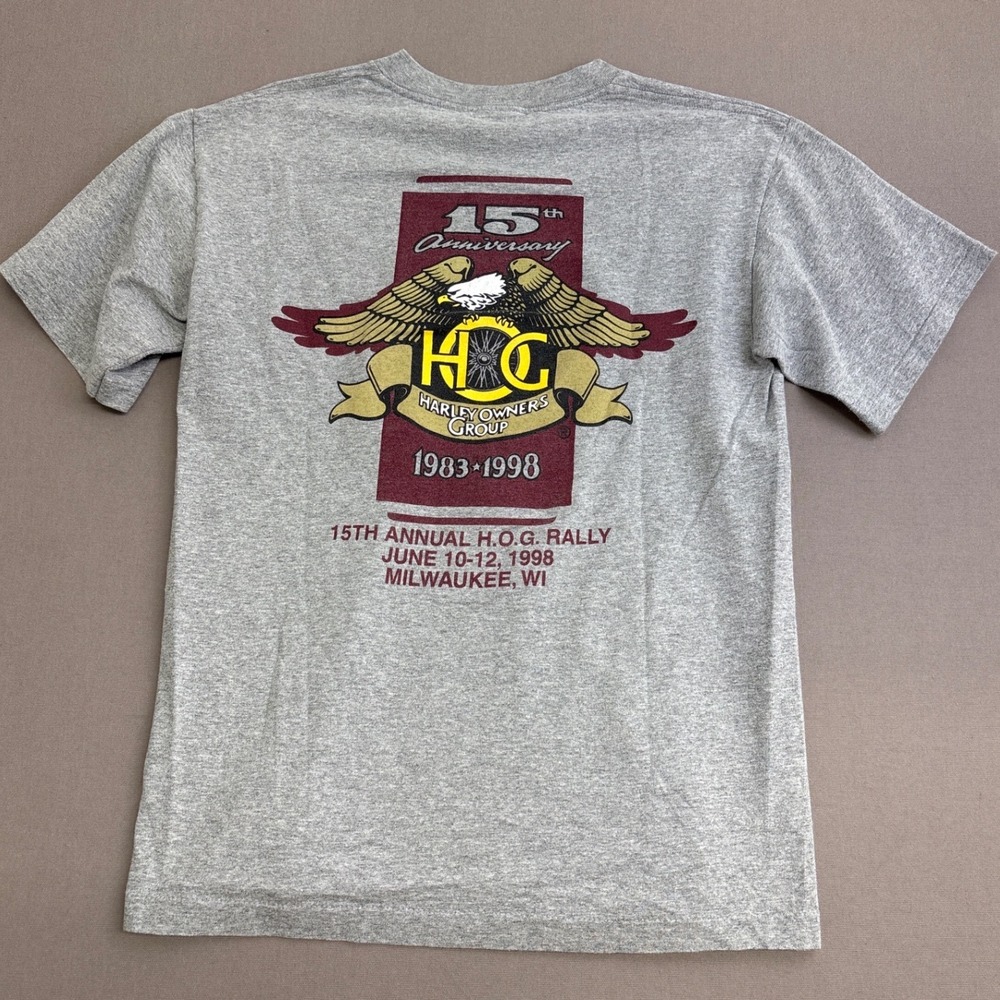 Vintage 1998 Harley Davidson HOG 15th Anniversary T-Shirt Milwaukee Gray Medium